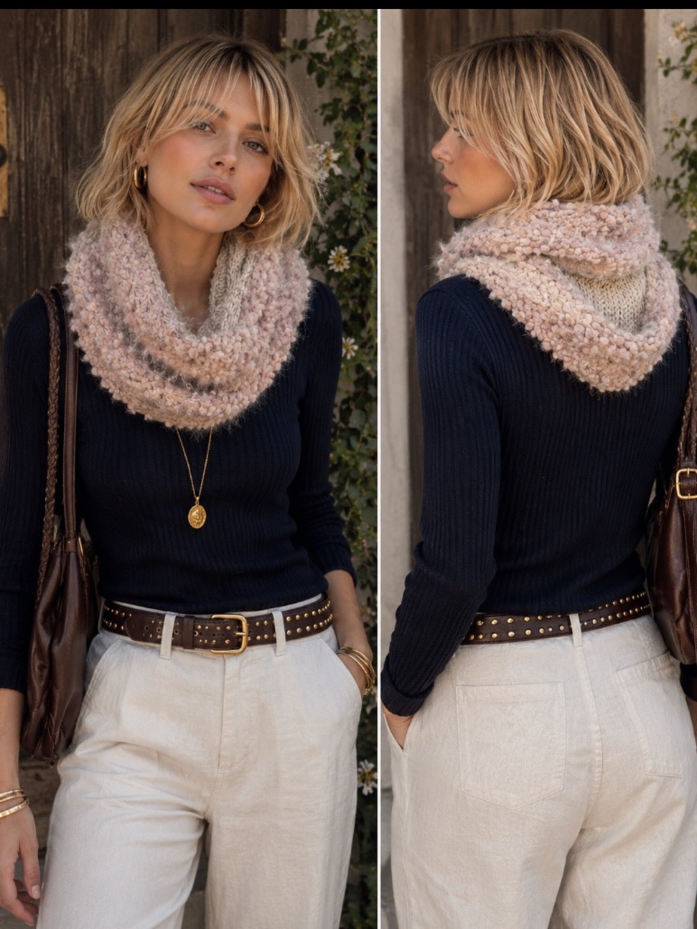 CEJON Knitted Cable Chunky Fuzzy Infinity Loop Scarf In Pastel
